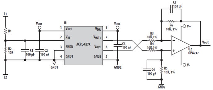 Application Circuit Diagram - Broadcom ACPL-C870/A/B Optically Isolated Voltage Sensors