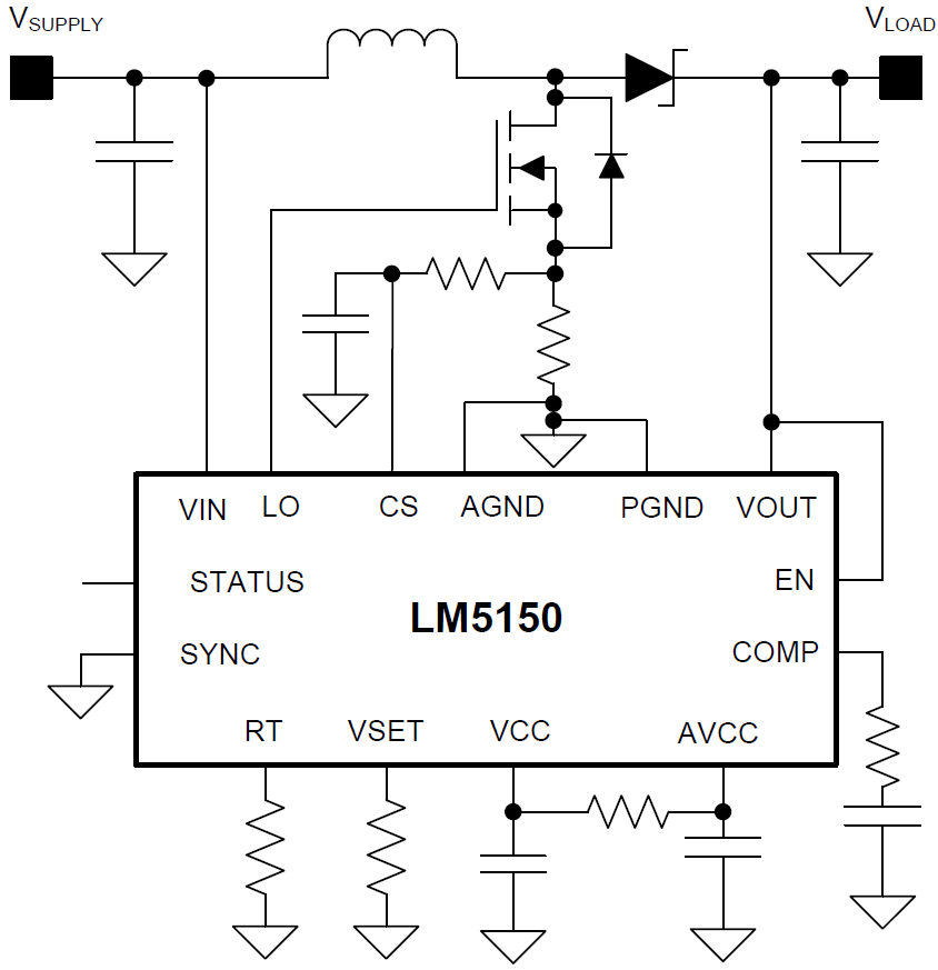 Application Circuit Diagram - Texas Instruments LM5150-Q1 Low IQ Boost Controller