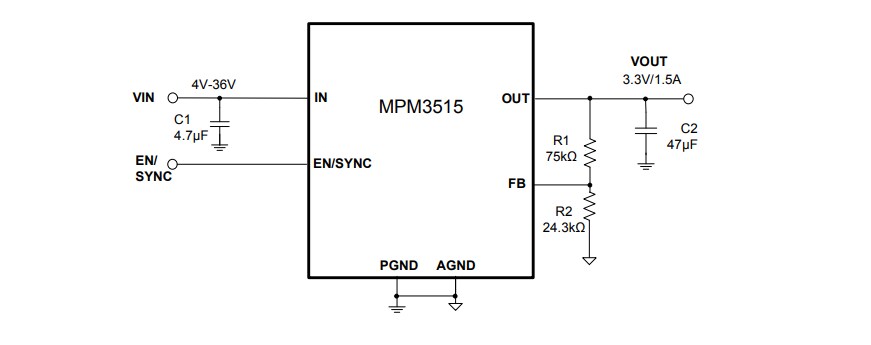 Application Circuit Diagram - Monolithic Power Systems (MPS) MPM3515 Synchronous Step-Down Converters