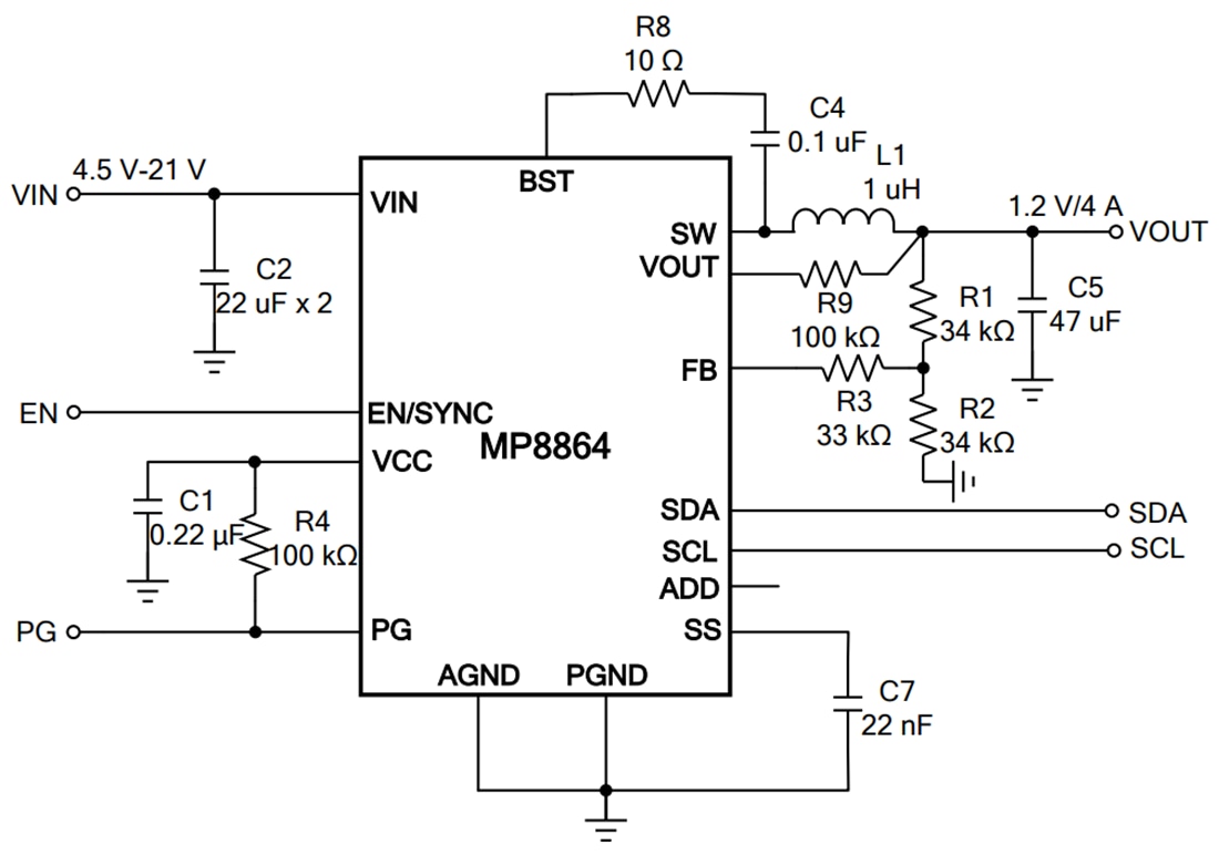 Application Circuit Diagram - Monolithic Power Systems (MPS) MP8864 Synchronous Step-Down Converter