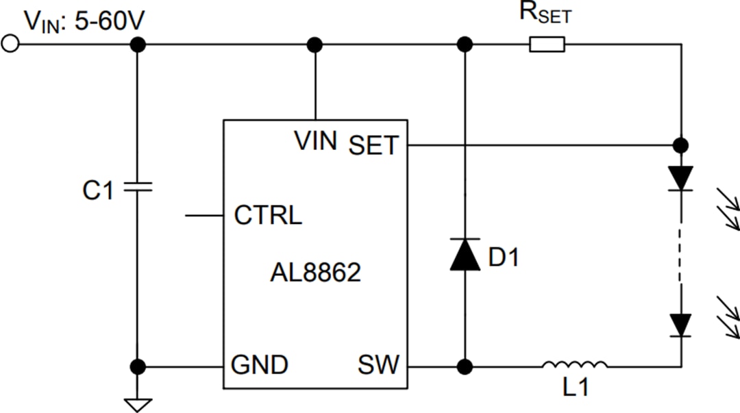 Application Circuit Diagram - Diodes Incorporated AL8862 Buck LED Driver
