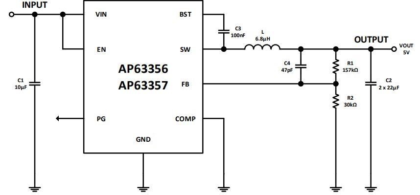 Application Circuit Diagram - Diodes Incorporated AP63356 & AP63357 Synchronous Buck Converters