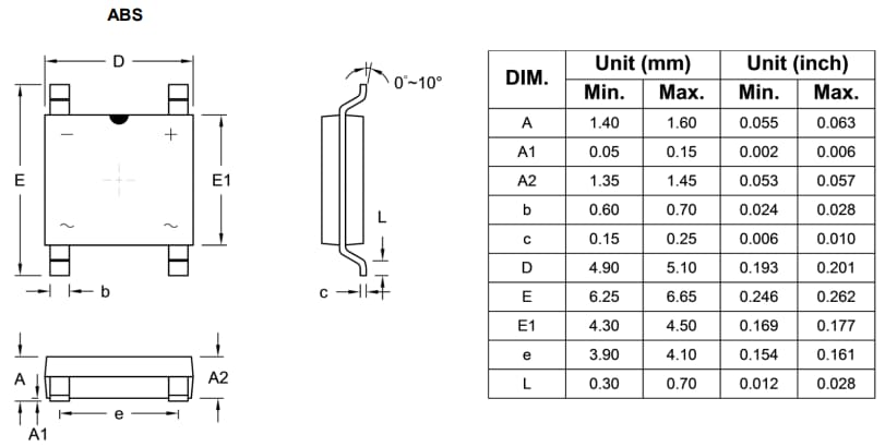 Mechanical Drawing - Taiwan Semiconductor RABS20M Fast Recovery Bridge Rectifier