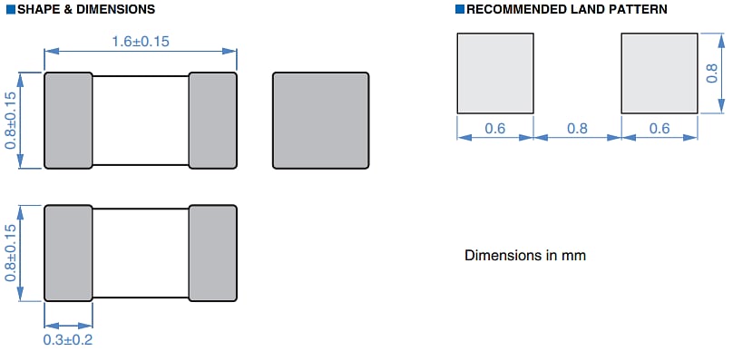 Mechanical Drawing - TDK MHF1608 AEC-Q200 Noise Suppression Filters