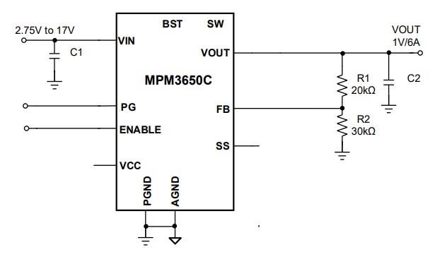 Application Circuit Diagram - Monolithic Power Systems (MPS) MPM3650C Step-Down Power Modules