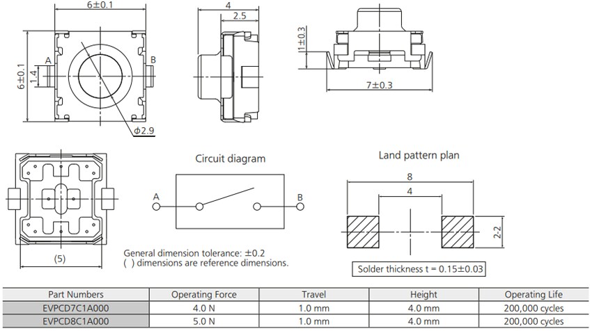Panasonic Electronic Components EVP-CD 6mm 4N/5N Square Tactile Switches