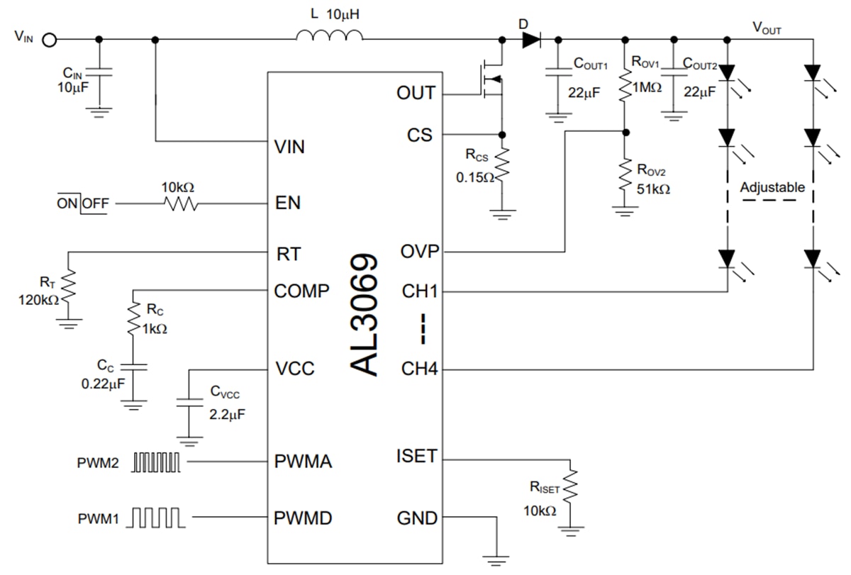 Application Circuit Diagram - Diodes Incorporated AL3069 Four-Channel Boost Controller