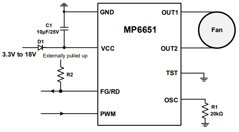Application Circuit Diagram - Monolithic Power Systems (MPS) MP6651 Single-Phase BLDC Drivers