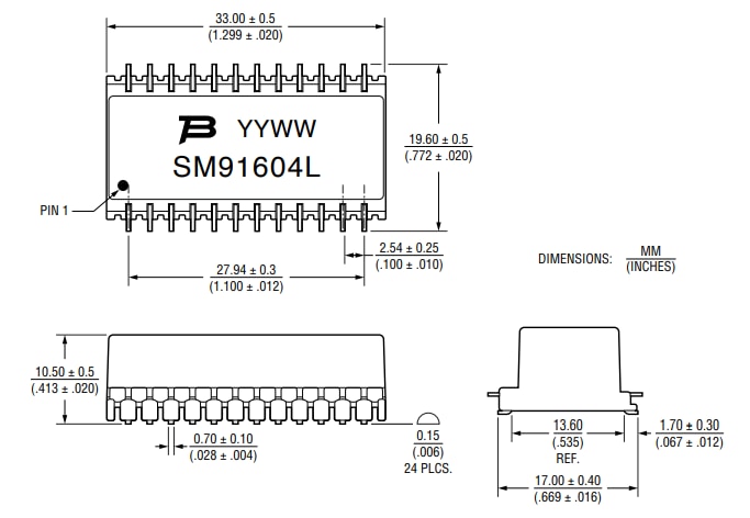 Mechanical Drawing - Bourns SM91604L LAN Gigabit Ethernet Transformer