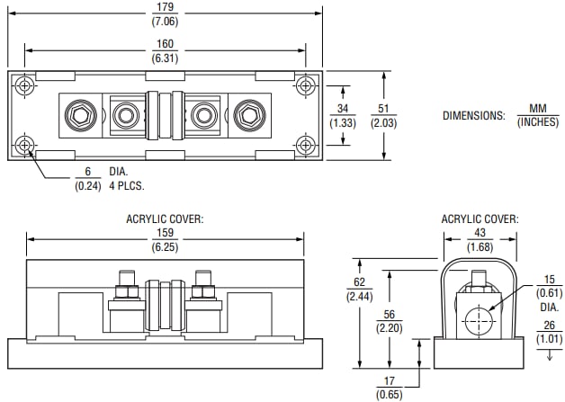 Mechanical Drawing - Bourns CFB Riedon™ Class T Fuse Blocks