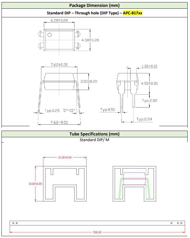 Mechanical Drawing - American Bright LED APC-817 DC Input Phototransistor Couplers