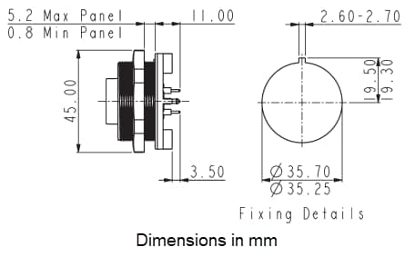 Mechanical Drawing - Bulgin Vitalis Buccaneer Rear PCB Mounting Connectors