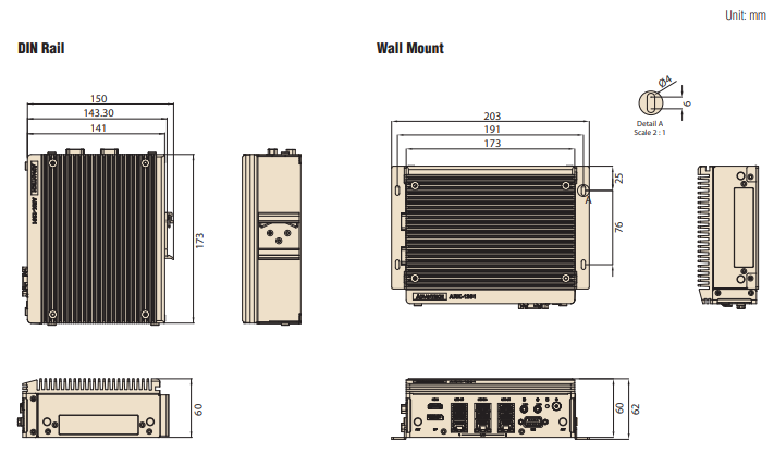 Mechanical Drawing - Advantech ARK-1251 DIN-Rail Fanless Box PCs