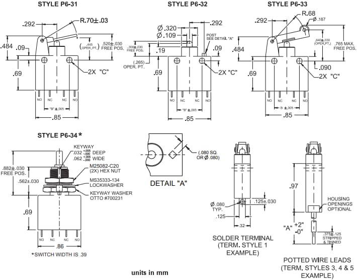 Mechanical Drawing - OTTO P6-3 Subminiature Sealed Limit Switches