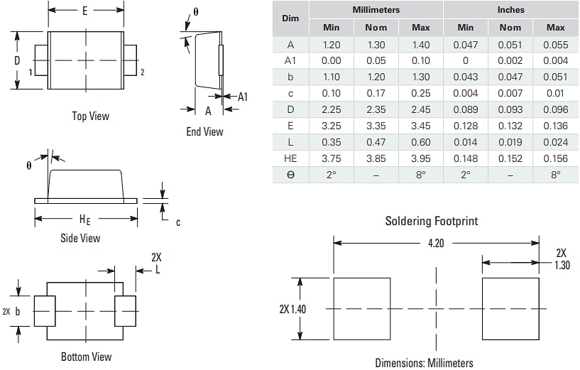 Mechanical Drawing - Littelfuse SZSMF6L Automotive TVS Diodes