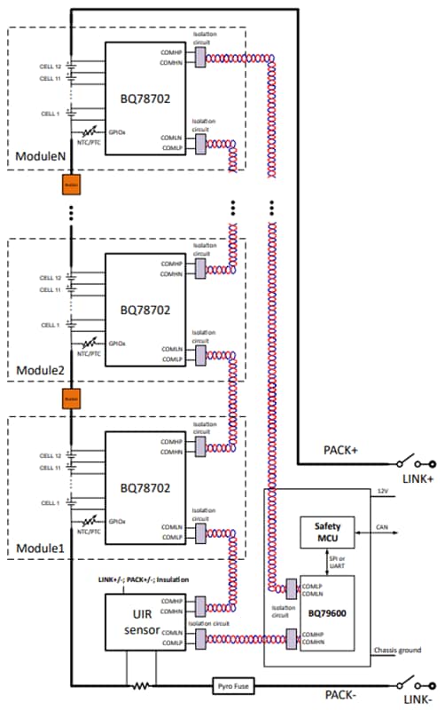 Application Circuit Diagram - Texas Instruments bq78702B 18-S Stackable Battery Monitor