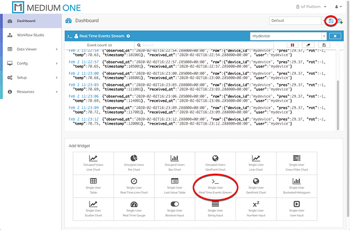 Real Time Events Stream Widget Display
