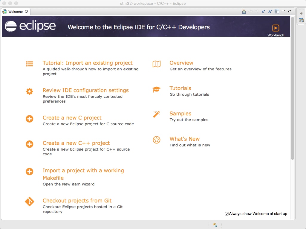 Welcome Screen for the System Workbench for STM32 Eclipse IDE for C/C++ Developers